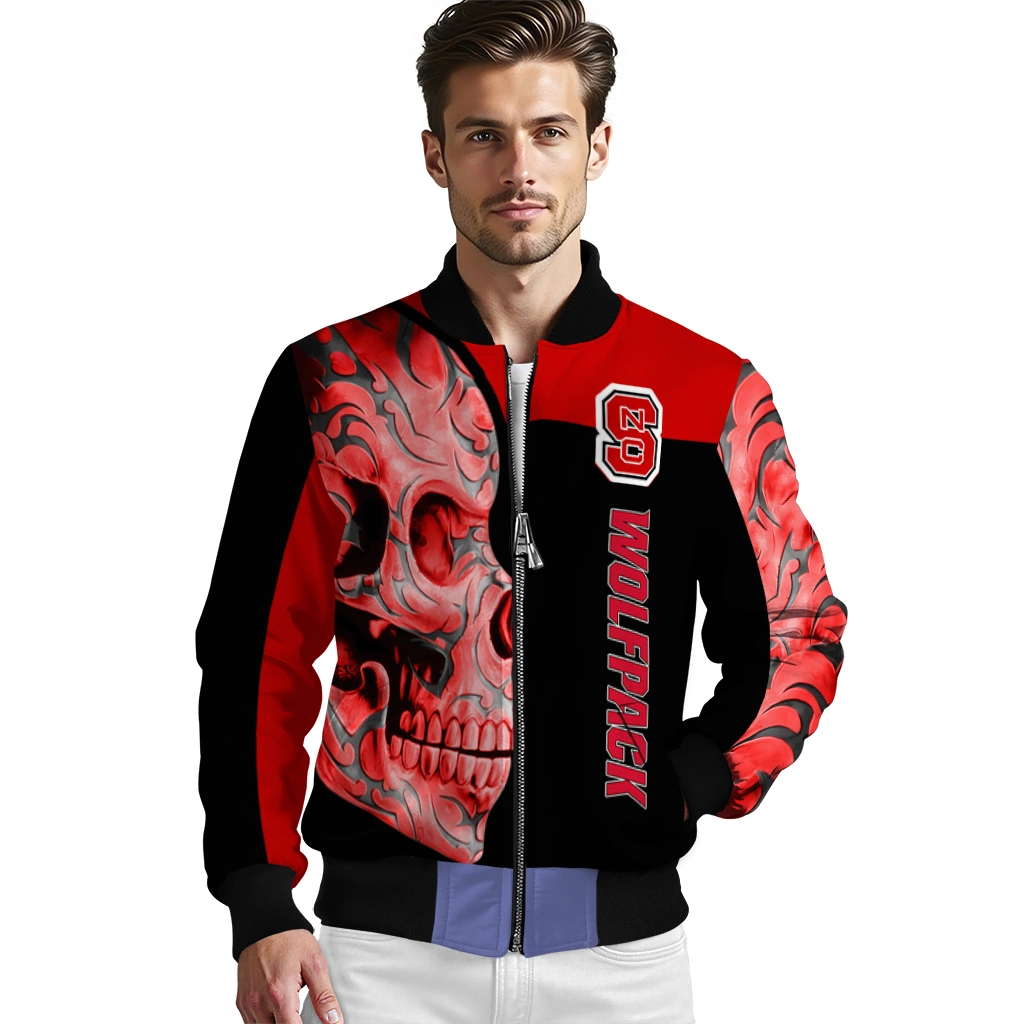 nc state wolfpack fire skull red black bomber jacket high quality nc state wolfpack fire skull red black bomber jacket high quality