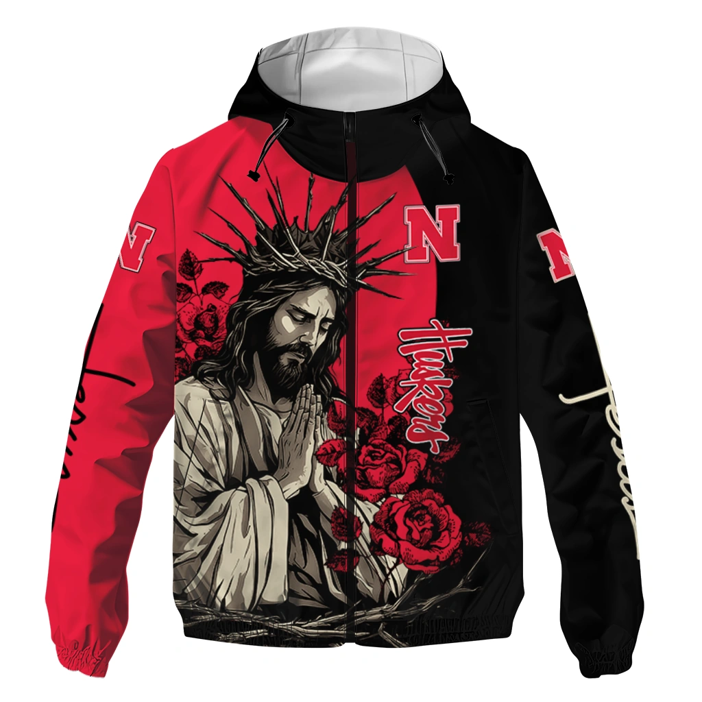 nebraska cornhuskers jesus roses red black windbreaker jacket best selling nebraska cornhuskers jesus roses red black windbreaker jacket best selling