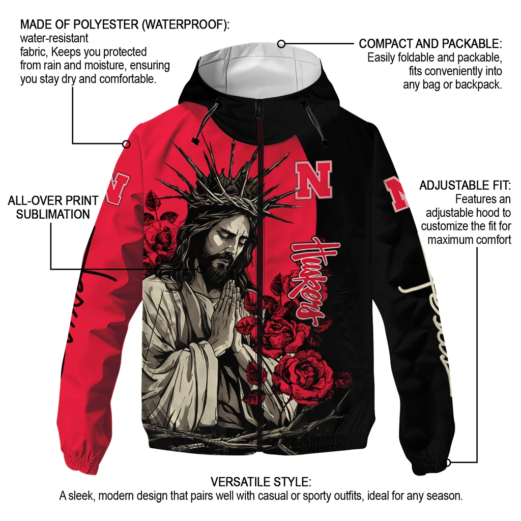 nebraska cornhuskers jesus roses red black windbreaker jacket new arrival nebraska cornhuskers jesus roses red black windbreaker jacket new arrival