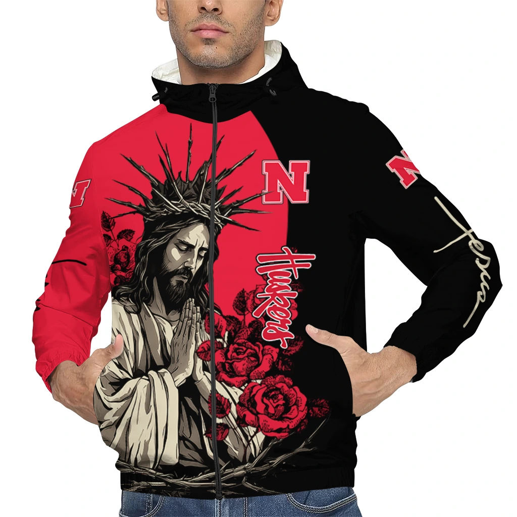 nebraska cornhuskers jesus roses red black windbreaker jacket top rated nebraska cornhuskers jesus roses red black windbreaker jacket top rated