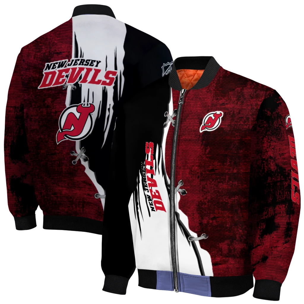 new jersey devils distressed slash red black bomber jacket best selling new jersey devils distressed slash red black bomber jacket best selling