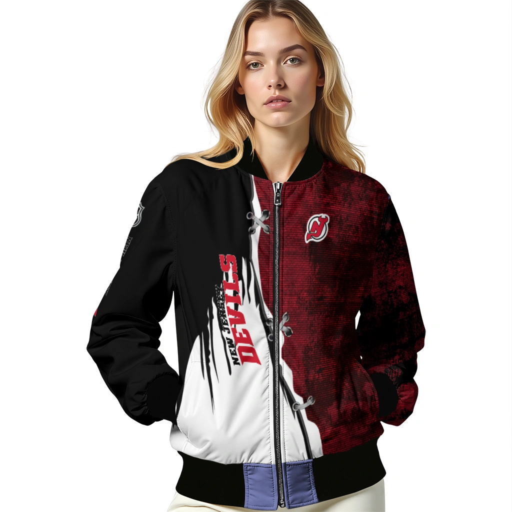 new jersey devils distressed slash red black bomber jacket latest model new jersey devils distressed slash red black bomber jacket latest model