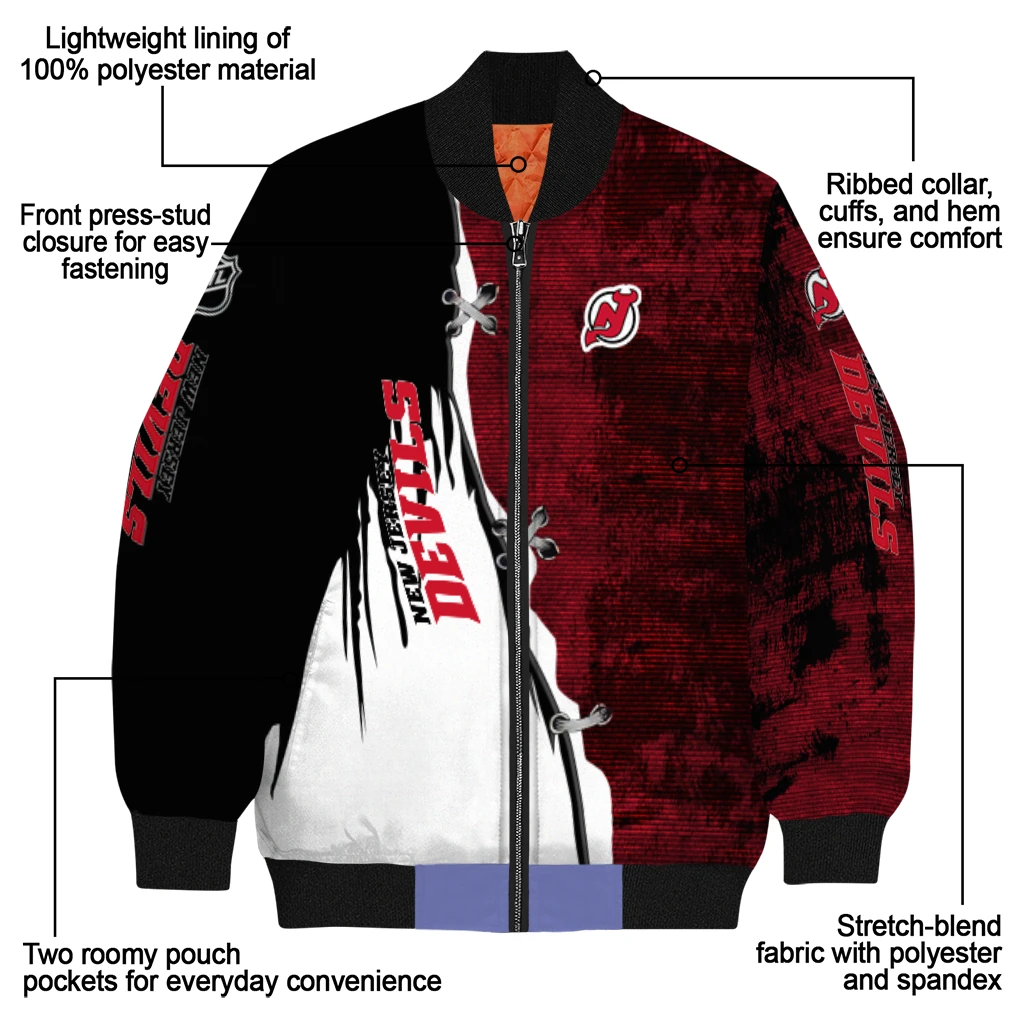 new jersey devils distressed slash red black bomber jacket new arrival new jersey devils distressed slash red black bomber jacket new arrival