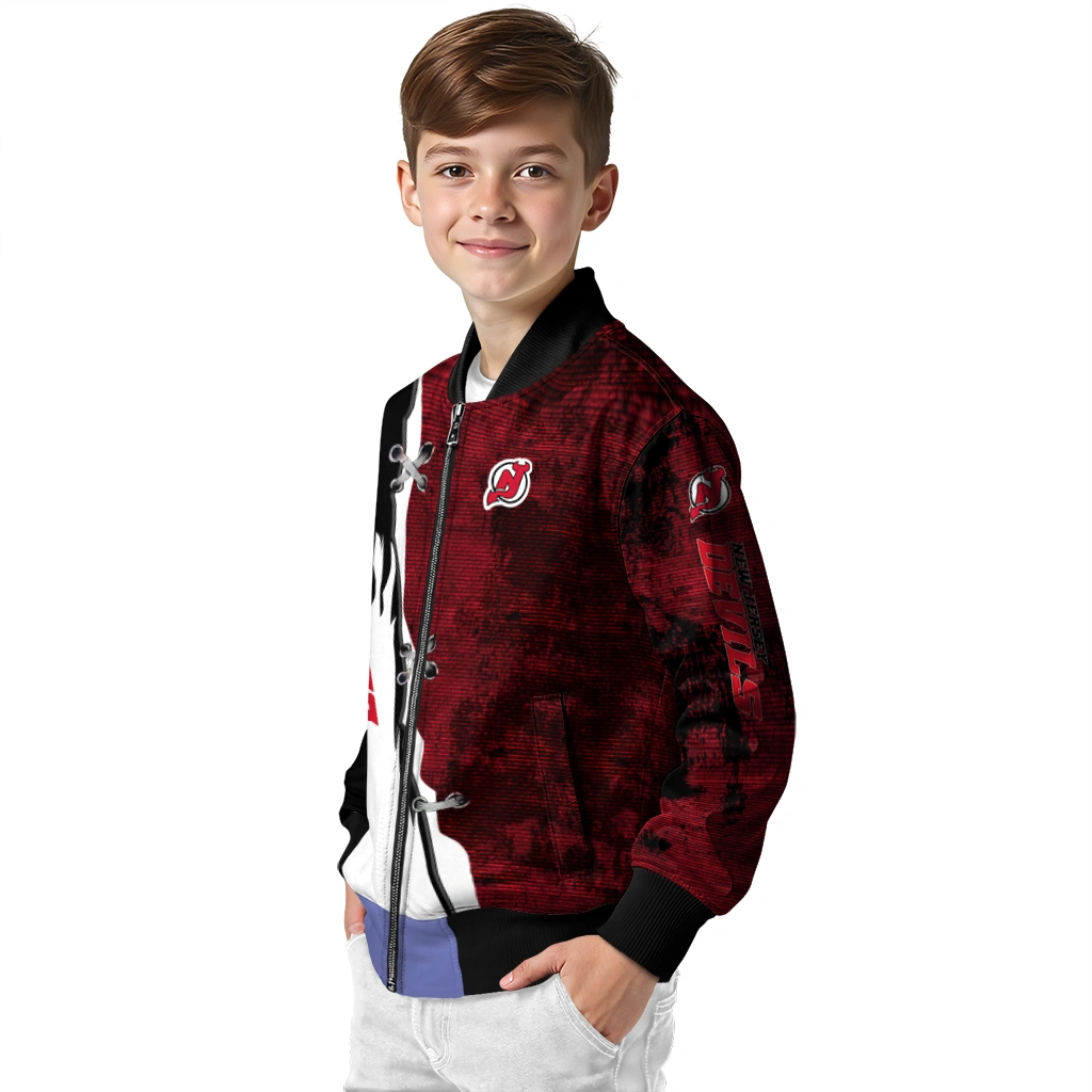 new jersey devils distressed slash red black bomber jacket trendy new jersey devils distressed slash red black bomber jacket trendy