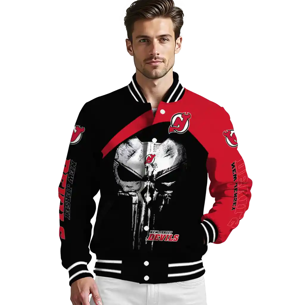 new jersey devils edgy mask red black varsity jacket high quality new jersey devils edgy mask red black varsity jacket high quality