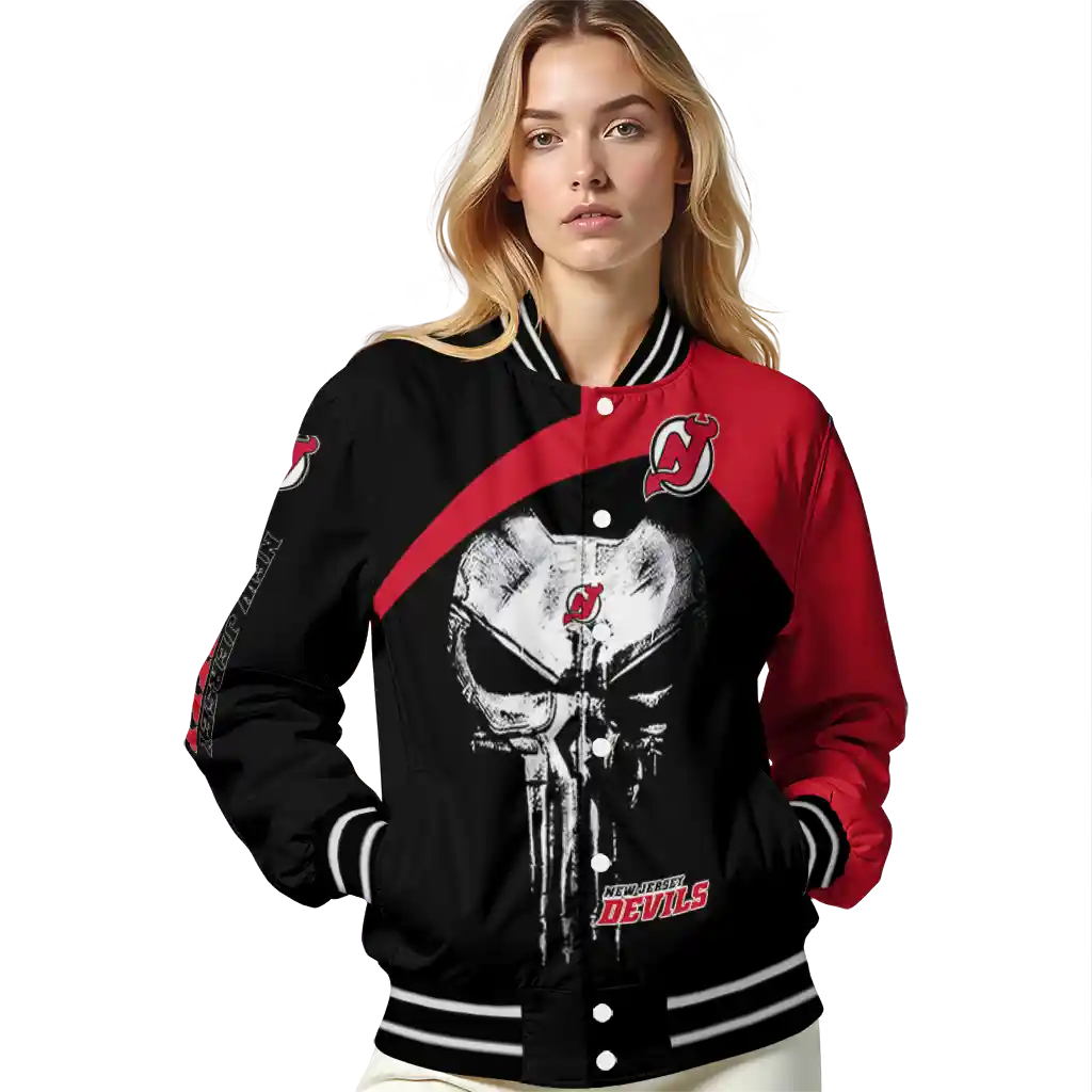 new jersey devils edgy mask red black varsity jacket latest model new jersey devils edgy mask red black varsity jacket latest model