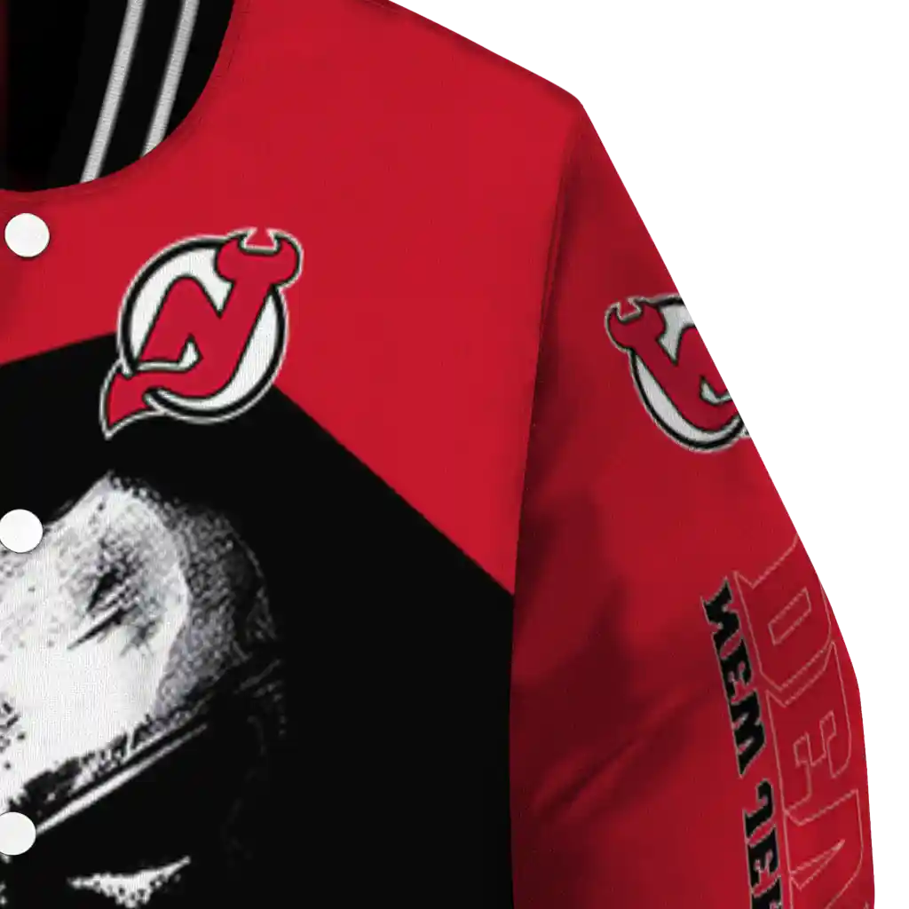 new jersey devils edgy mask red black varsity jacket premium grade new jersey devils edgy mask red black varsity jacket premium grade