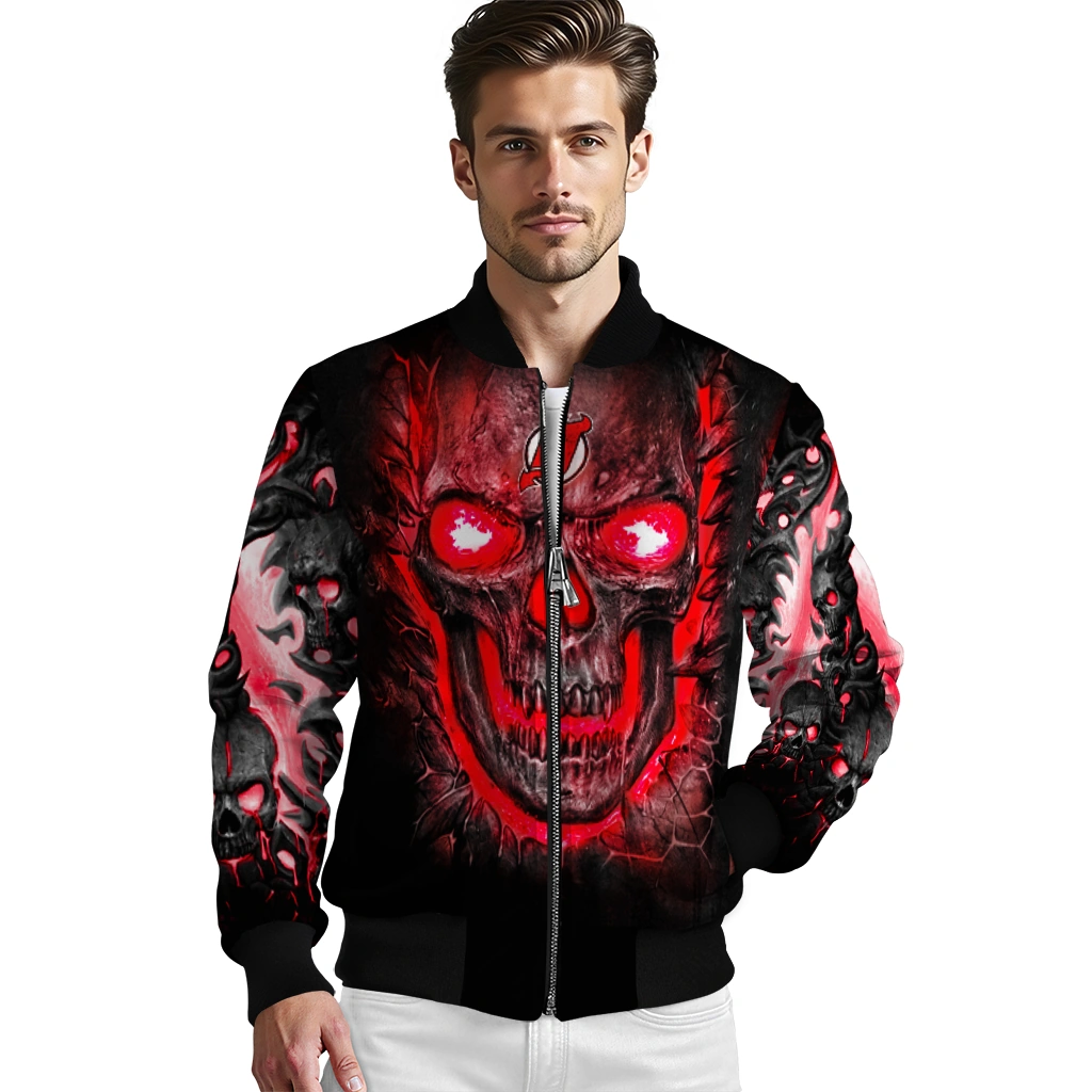 new jersey devils inferno skull red black bomber jacket high quality new jersey devils inferno skull red black bomber jacket high quality