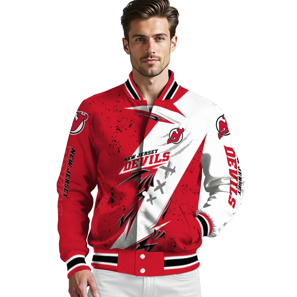 new jersey devils ripped bolt red white varsity jacket high quality new jersey devils ripped bolt red white varsity jacket high quality