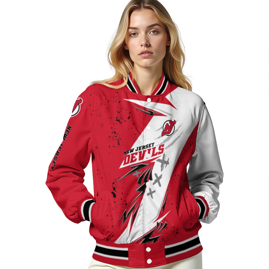 new jersey devils ripped bolt red white varsity jacket latest model new jersey devils ripped bolt red white varsity jacket latest model