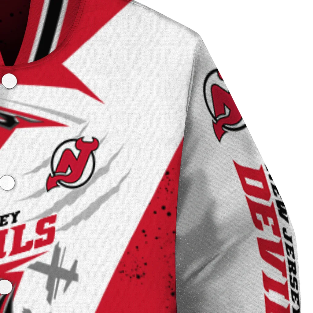 new jersey devils ripped bolt red white varsity jacket premium grade new jersey devils ripped bolt red white varsity jacket premium grade