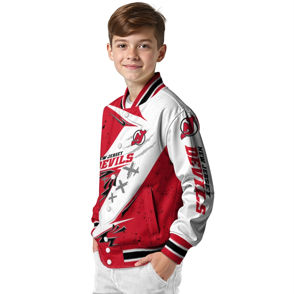 new jersey devils ripped bolt red white varsity jacket trendy new jersey devils ripped bolt red white varsity jacket trendy
