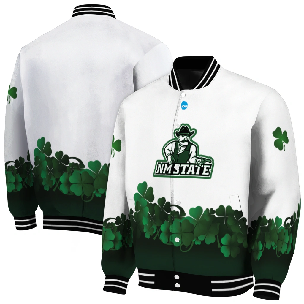 new mexico state aggies clovers pattern white green varsity jacket fashion forward new mexico state aggies clovers pattern white green varsity jacket fashion forward