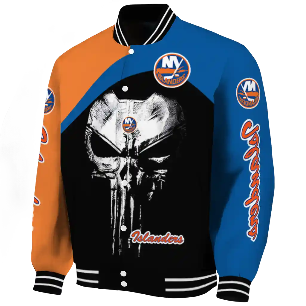 new york islanders edgy mask blue black varsity jacket best selling new york islanders edgy mask blue black varsity jacket best selling