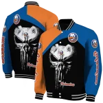 new york islanders edgy mask blue black varsity jacket best selling