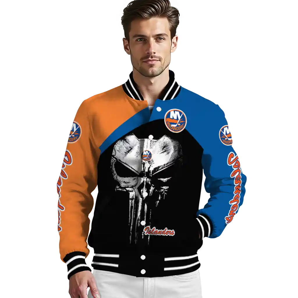 new york islanders edgy mask blue black varsity jacket high quality new york islanders edgy mask blue black varsity jacket high quality