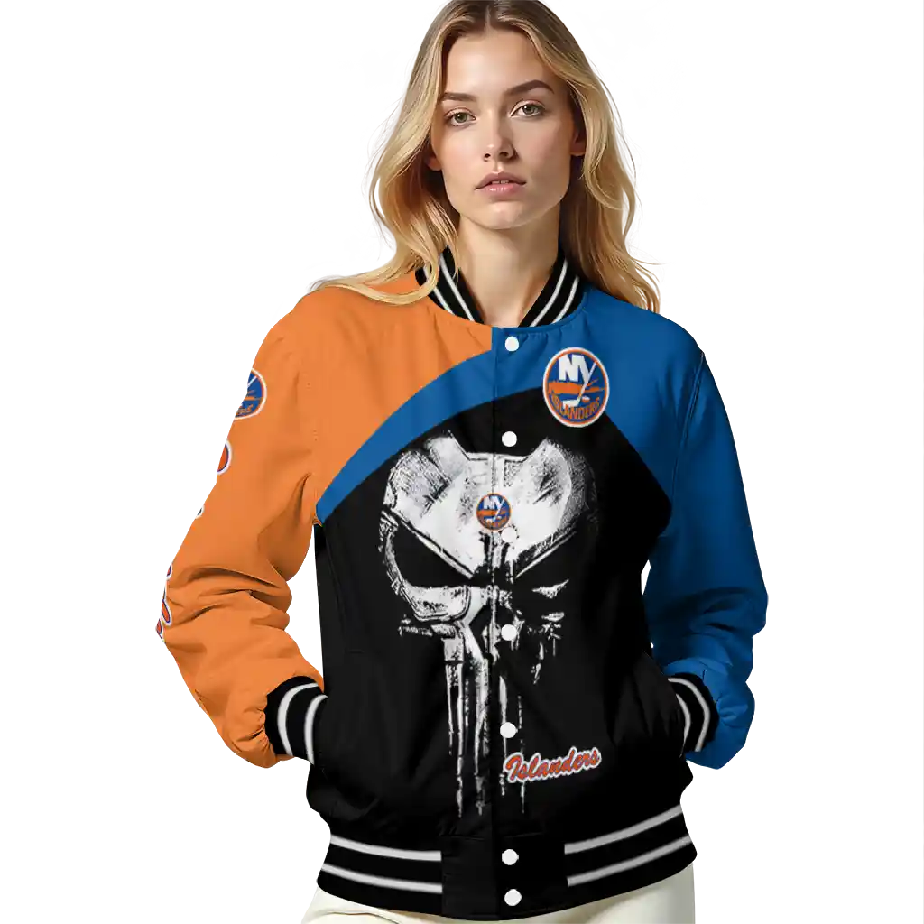 new york islanders edgy mask blue black varsity jacket latest model new york islanders edgy mask blue black varsity jacket latest model