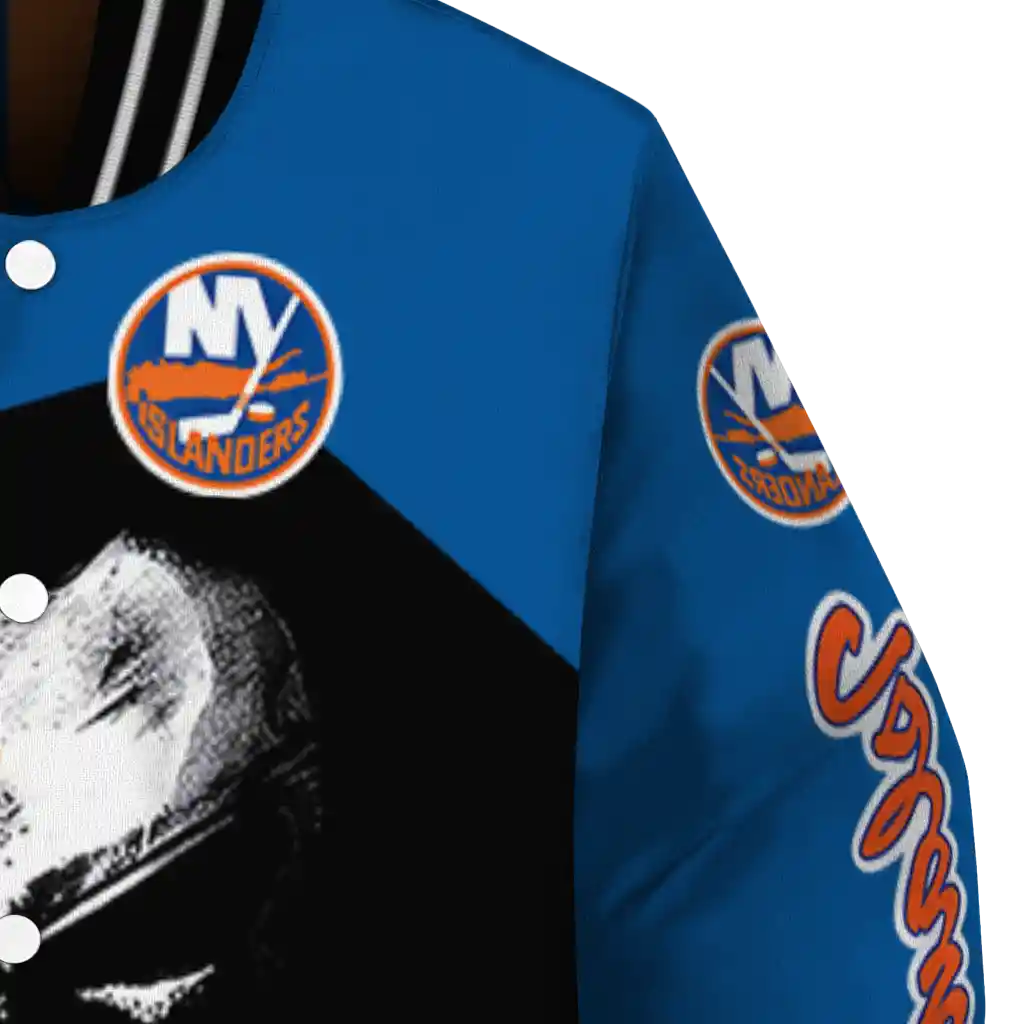 new york islanders edgy mask blue black varsity jacket premium grade new york islanders edgy mask blue black varsity jacket premium grade