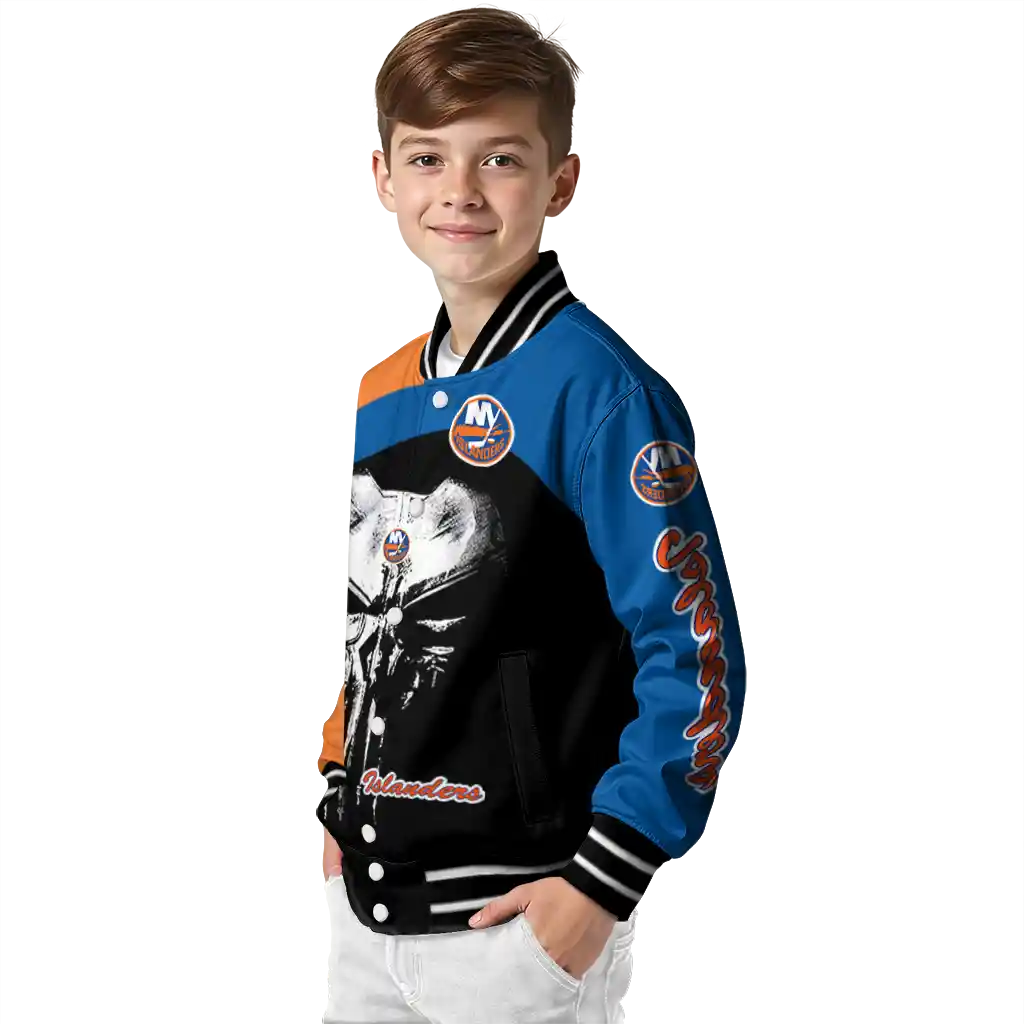 new york islanders edgy mask blue black varsity jacket trendy new york islanders edgy mask blue black varsity jacket trendy
