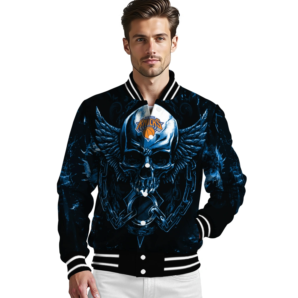 new york knicks skull bite blue black varsity jacket high quality new york knicks skull bite blue black varsity jacket high quality