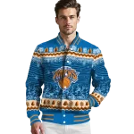 new york knicks snowy pines blue varsity jacket best selling