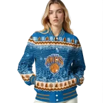 new york knicks snowy pines blue varsity jacket best selling