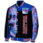new york rangers fire skull blue black varsity jacket best selling