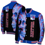 new york rangers fire skull blue black varsity jacket best selling