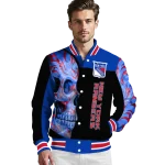 new york rangers fire skull blue black varsity jacket best selling