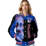 new york rangers fire skull blue black varsity jacket best selling