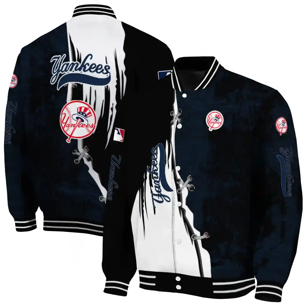 new york yankees grunge cut design navy black varsity jacket fashion forward new york yankees grunge cut design navy black varsity jacket fashion forward