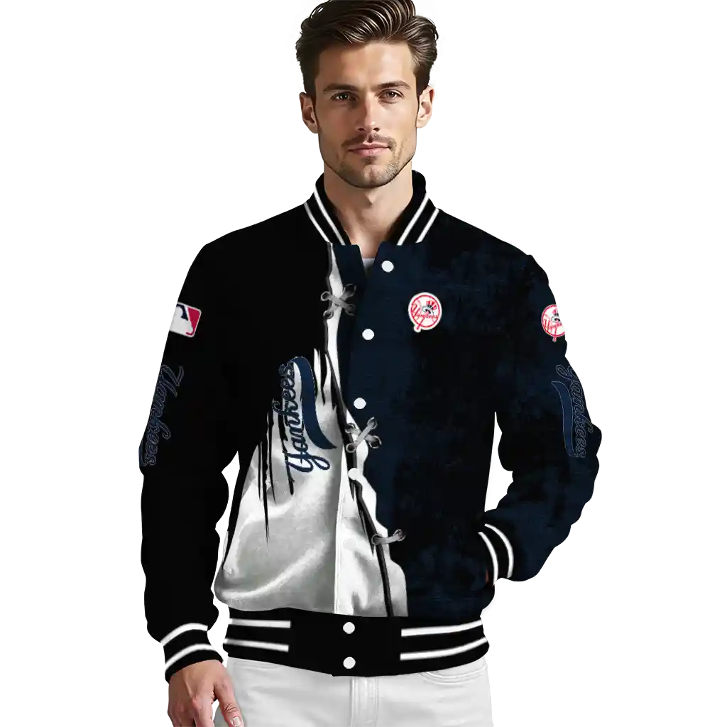 new york yankees grunge cut design navy black varsity jacket high quality new york yankees grunge cut design navy black varsity jacket high quality