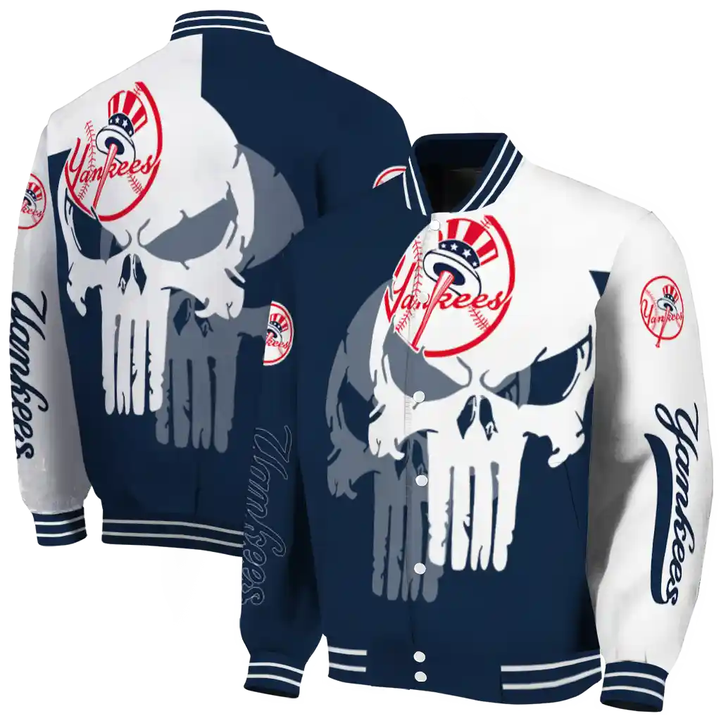 new york yankees skull outline navy white varsity jacket fashion forward new york yankees skull outline navy white varsity jacket fashion forward