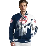 new york yankees skull outline navy white varsity jacket best selling
