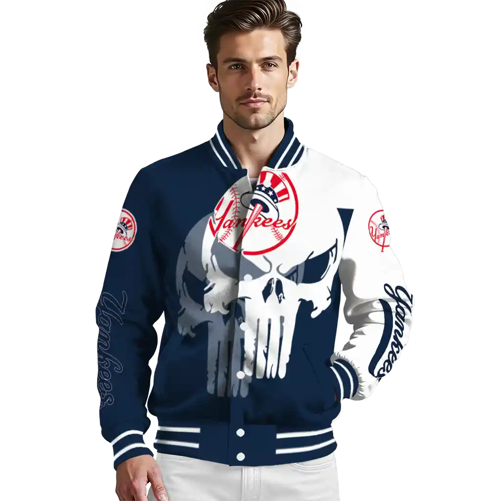 new york yankees skull outline navy white varsity jacket high quality new york yankees skull outline navy white varsity jacket high quality