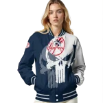 new york yankees skull outline navy white varsity jacket best selling