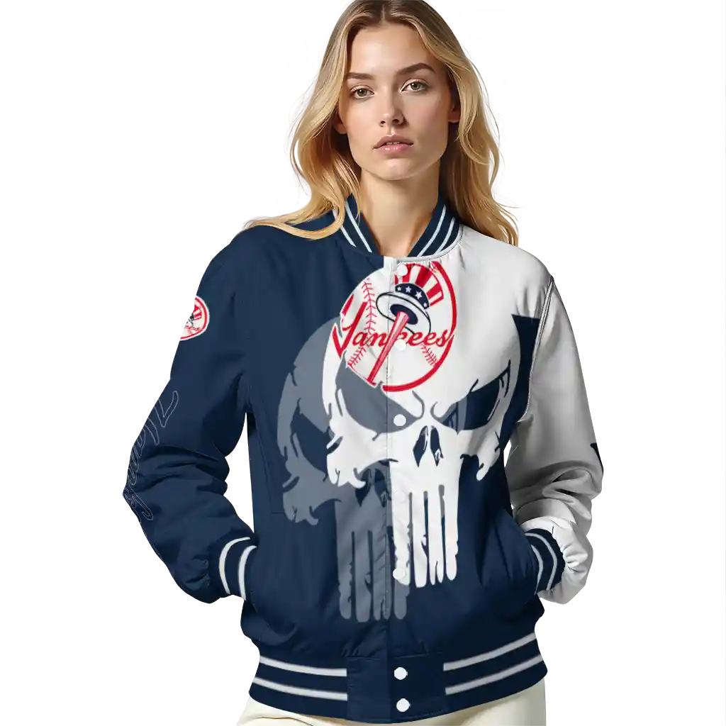 new york yankees skull outline navy white varsity jacket latest model new york yankees skull outline navy white varsity jacket latest model