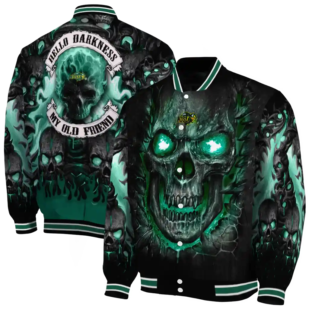 north dakota state bison inferno skull green black varsity jacket fashion forward north dakota state bison inferno skull green black varsity jacket fashion forward