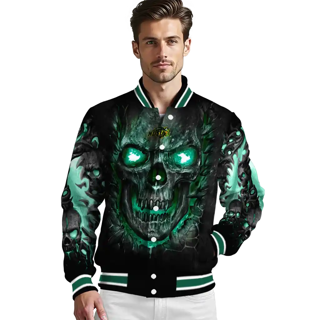 north dakota state bison inferno skull green black varsity jacket high quality north dakota state bison inferno skull green black varsity jacket high quality