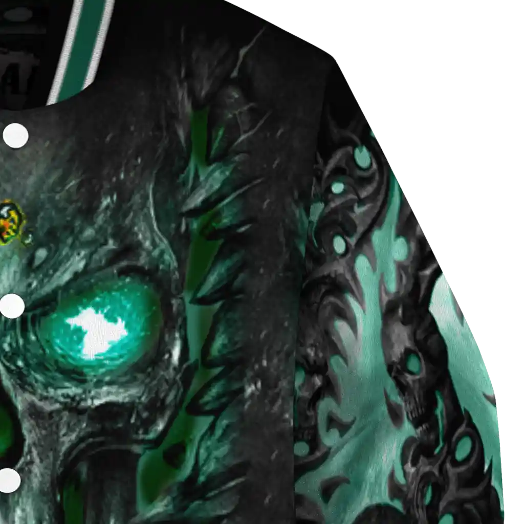 north dakota state bison inferno skull green black varsity jacket premium grade north dakota state bison inferno skull green black varsity jacket premium grade