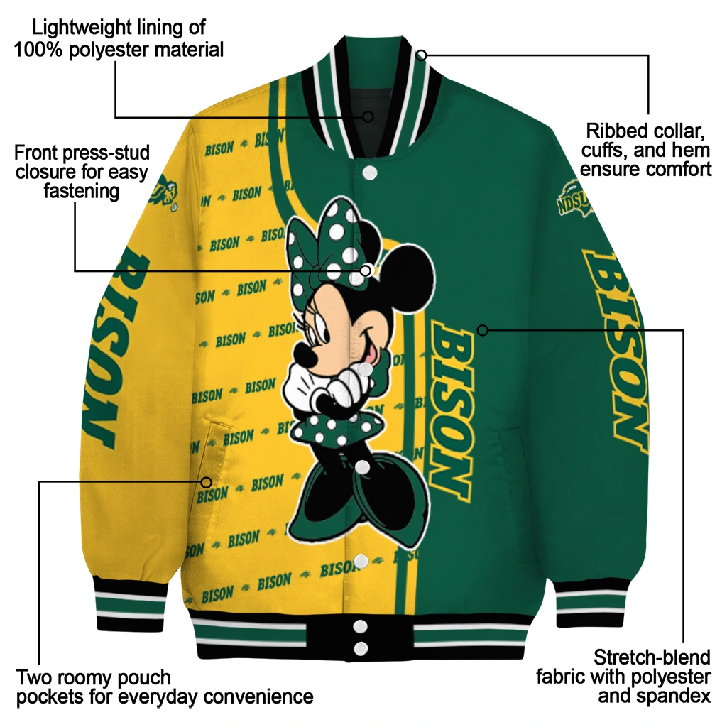 north dakota state bison minnie mouse green varsity jacket new arrival north dakota state bison minnie mouse green varsity jacket new arrival