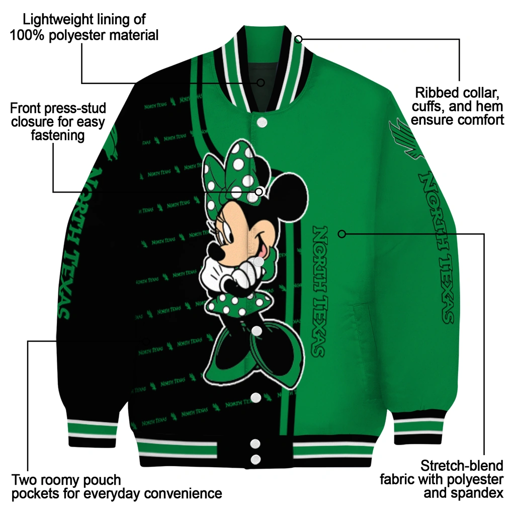 north texas mean green minnie mouse green varsity jacket new arrival north texas mean green minnie mouse green varsity jacket new arrival
