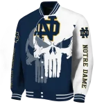 notre dame fighting irish skull outline navy white varsity jacket best selling