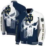 notre dame fighting irish skull outline navy white varsity jacket best selling