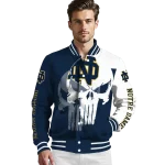 notre dame fighting irish skull outline navy white varsity jacket best selling