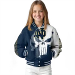 notre dame fighting irish skull outline navy white varsity jacket best selling