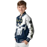 notre dame fighting irish skull outline navy white varsity jacket best selling