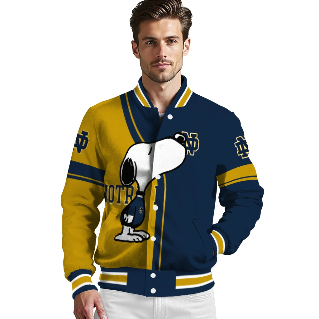 notre dame fighting irish snoopy attitude navy varsity jacket high quality notre dame fighting irish snoopy attitude navy varsity jacket high quality