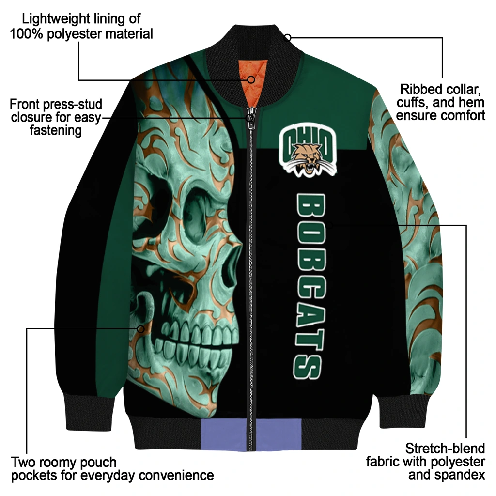 ohio bobcats fire skull green black bomber jacket new arrival ohio bobcats fire skull green black bomber jacket new arrival