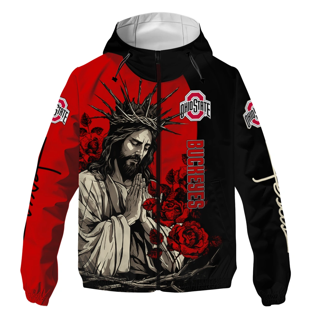 ohio state buckeyes jesus roses scarlet black windbreaker jacket best selling ohio state buckeyes jesus roses scarlet black windbreaker jacket best selling